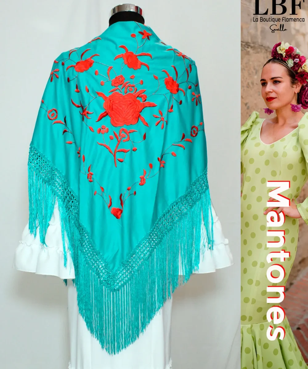 LBF Mantones flamenca verde agua flores rojas
