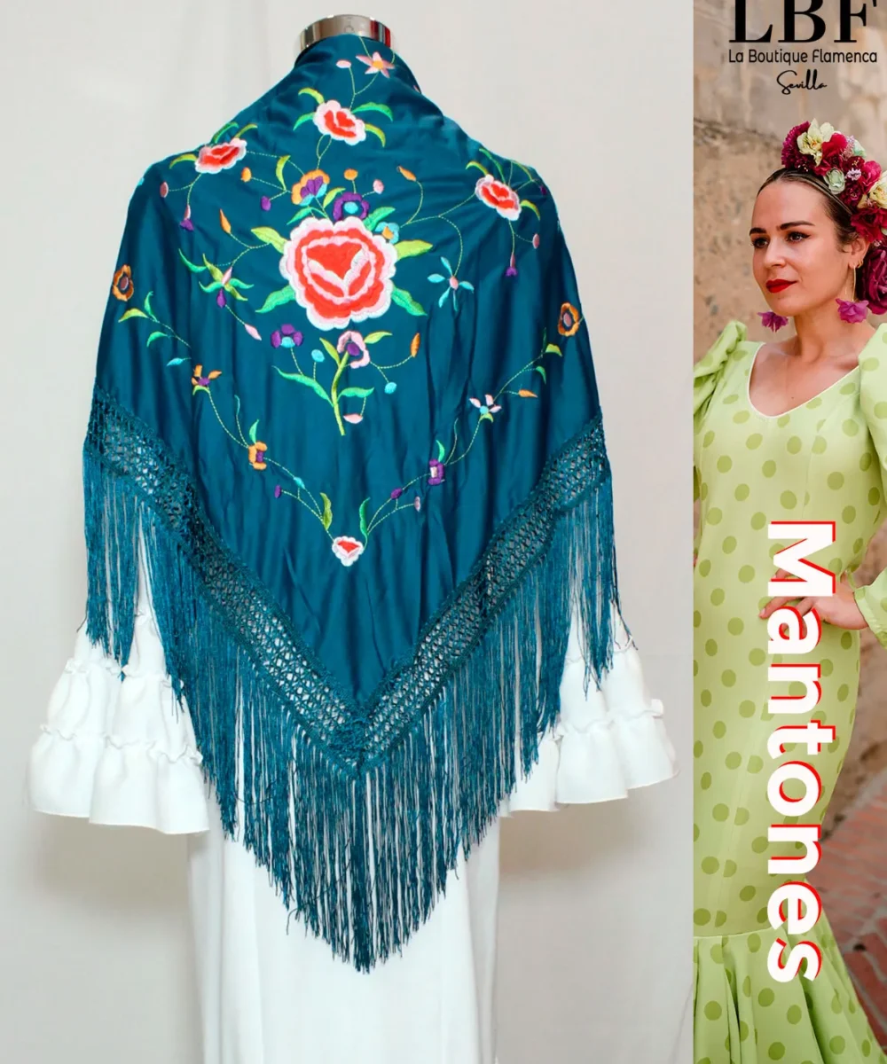LBF Mantones flamenca azul pavo flores de colores