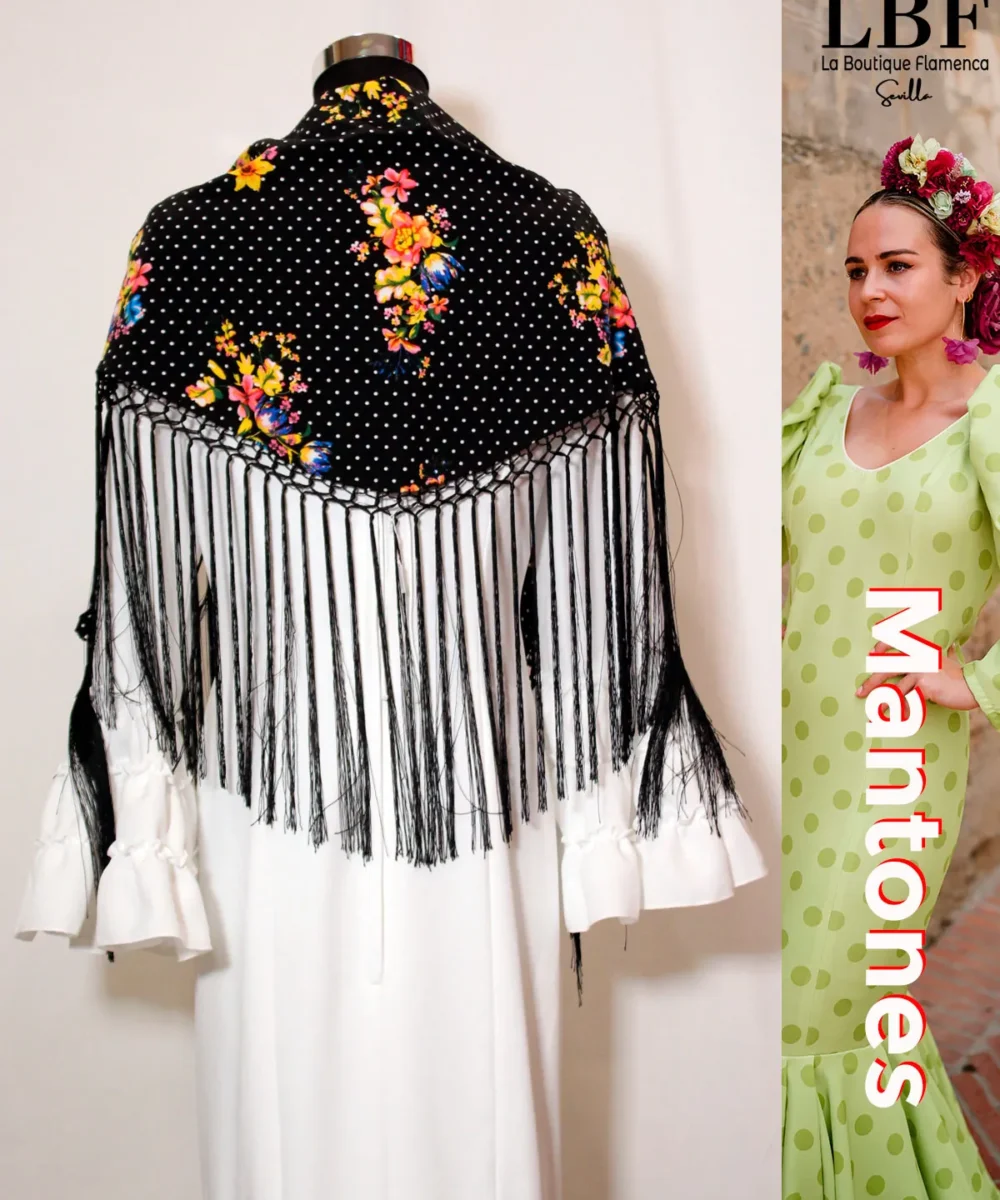 LBF Mantones flamenca  negro estampado floral y lunar