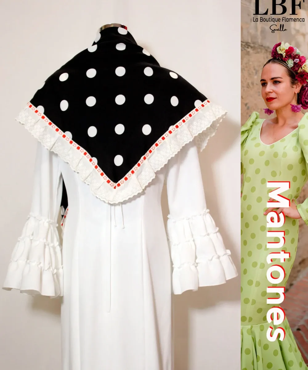 LBF Mantones flamenca artesanal negro lunar blanco con tira bordada