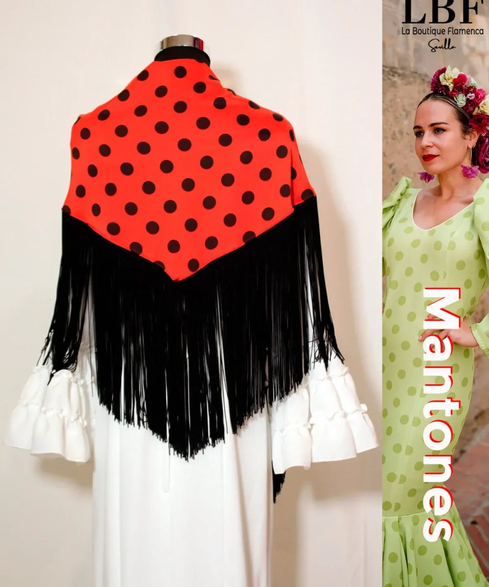 LBF Mantones flamenca  mantón rojo lunar negro