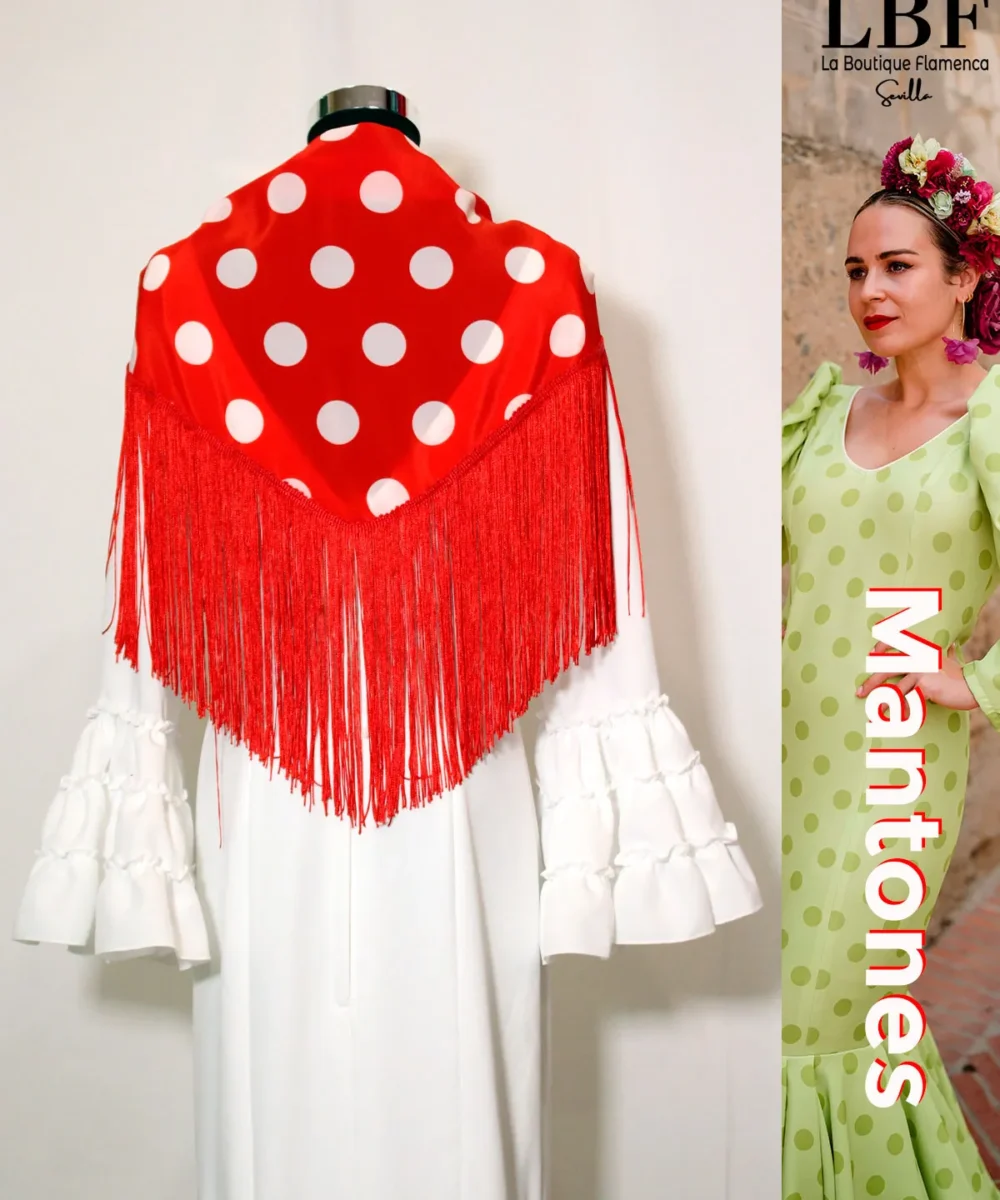 LBF Mantones flamenca  mantón rojo lunar blanco