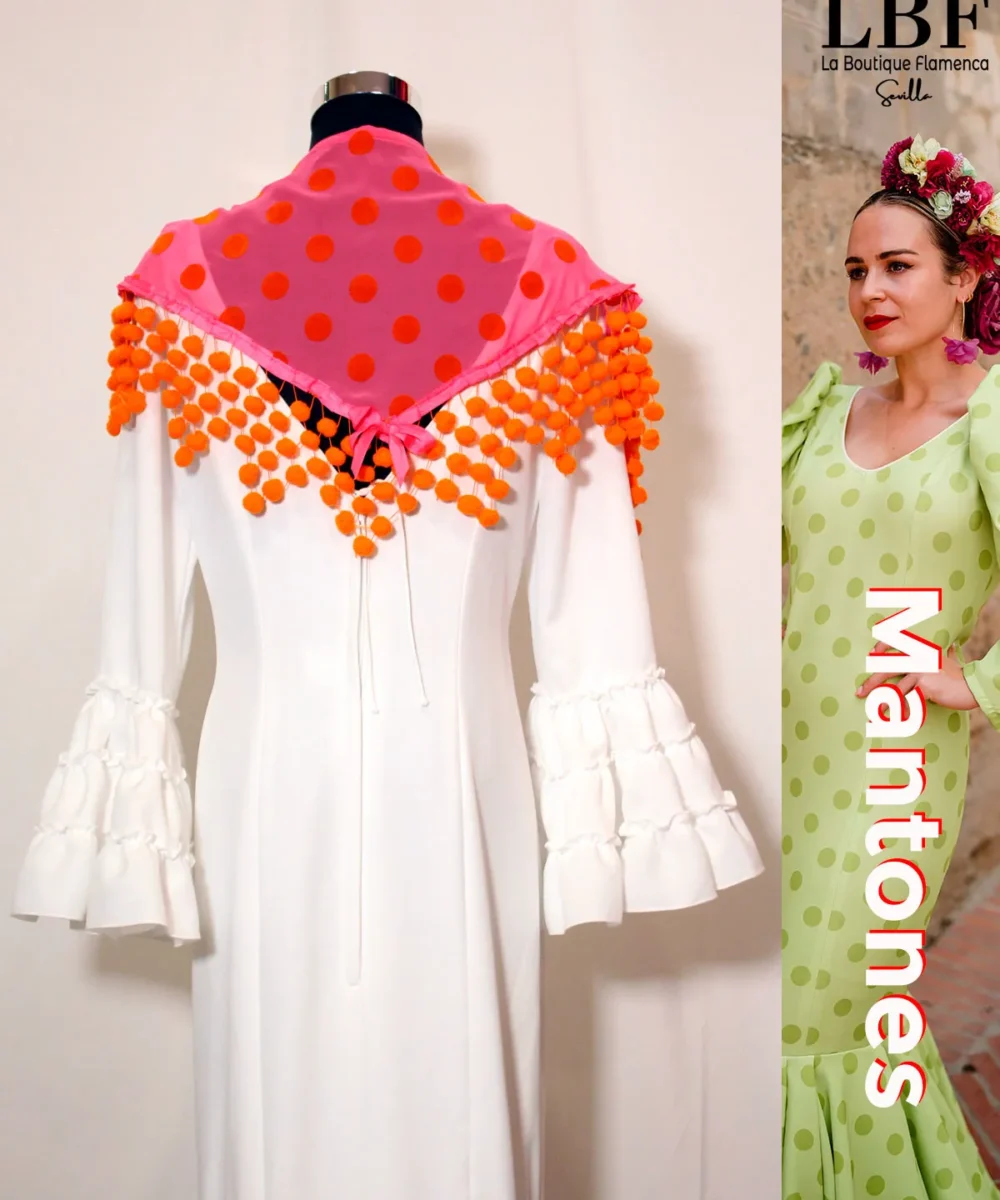 LBF Mantones flamenca  pico rosa lunar naranja y madroños niña