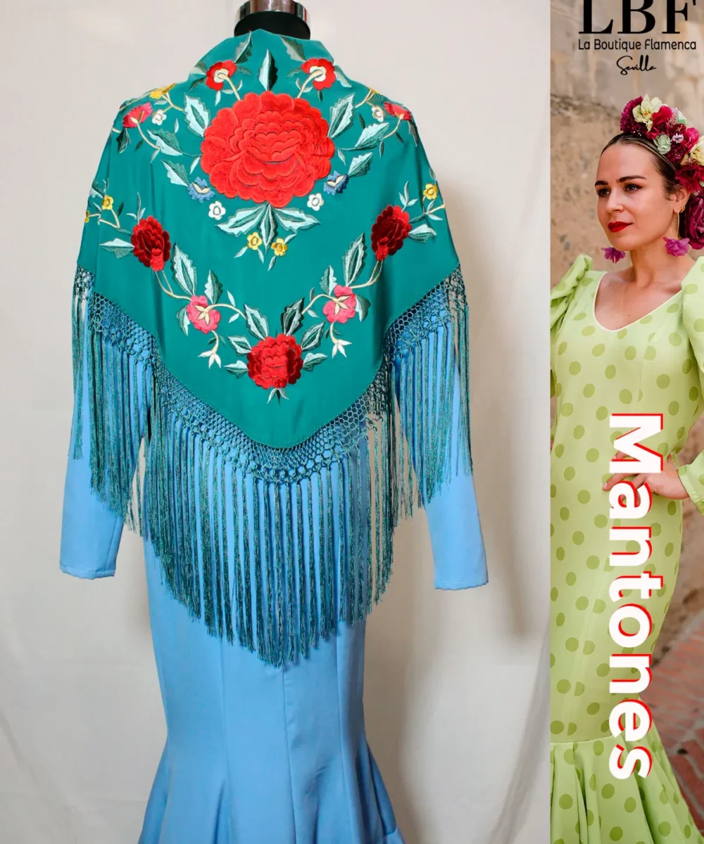 LBF Mantones flamenca  mantón seda verde quirófano flores de colores