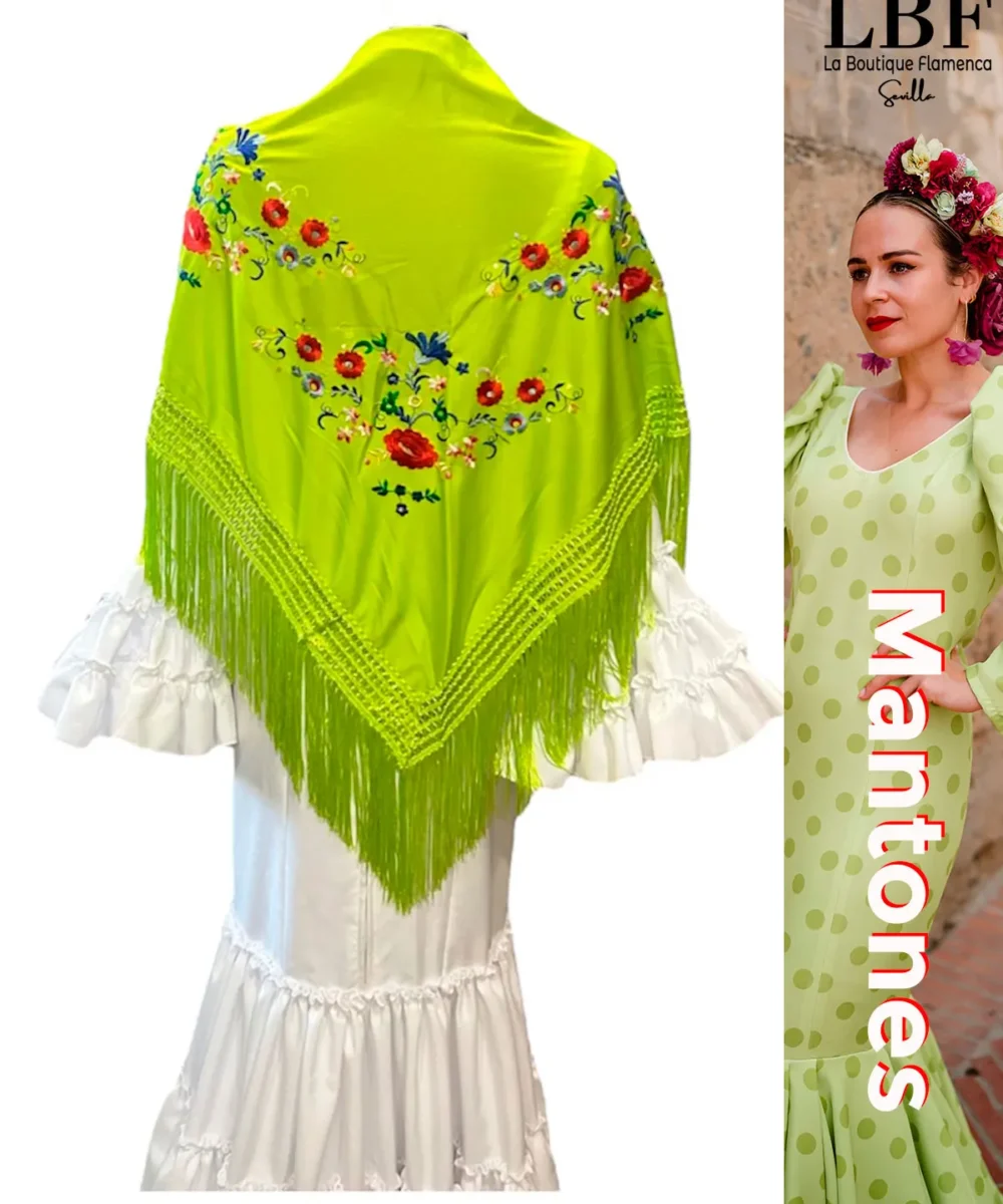 LBF mantón de flamenca verde lima flores pequeñas de colores