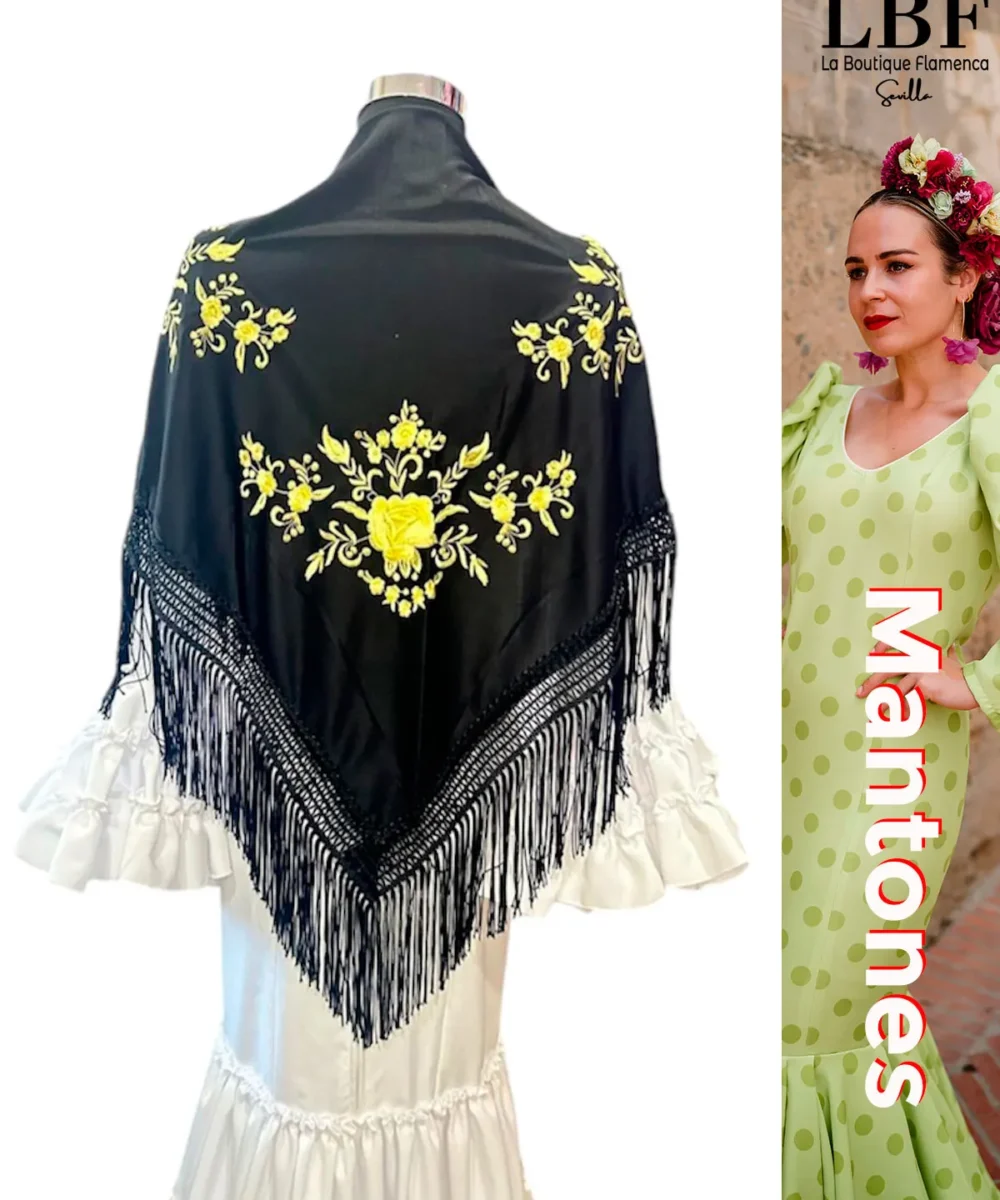 LBF mantón de flamenca negro flores doradas pequeñas