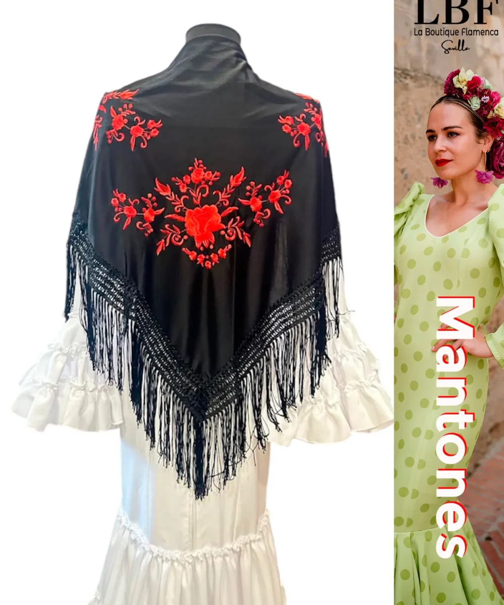 LBF mantón de flamenca negro flores rojas pequeñas