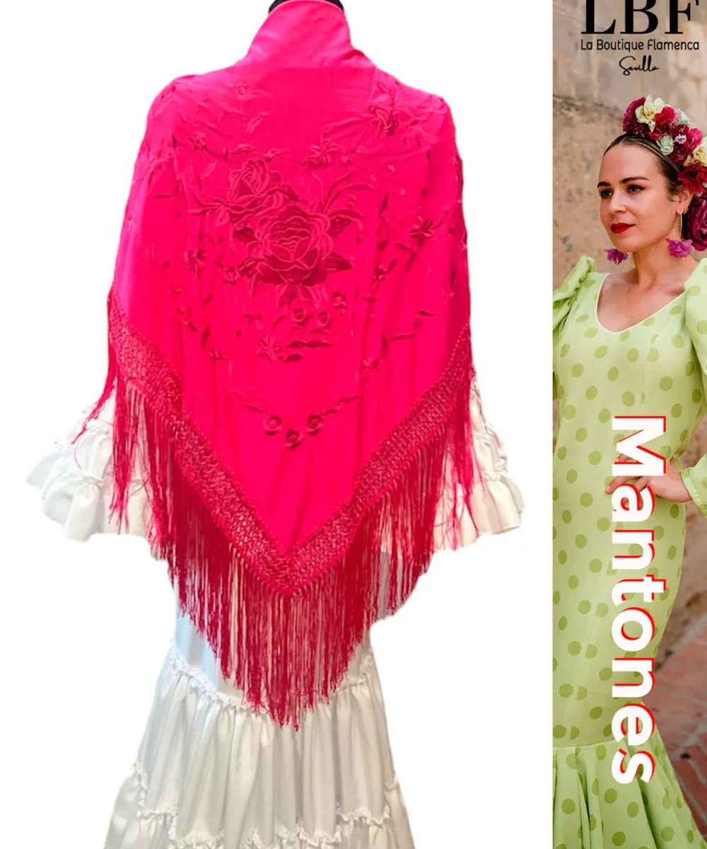 LBF mantón de flamenca rosa fucsia flores dobles monocolor