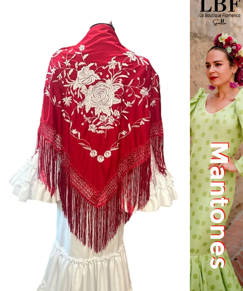 LBF mantón de flamenca burdeos flores dobles blancas