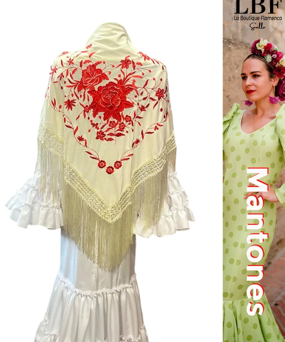 LBF mantón de flamenca blanco roto flores dobles rojas