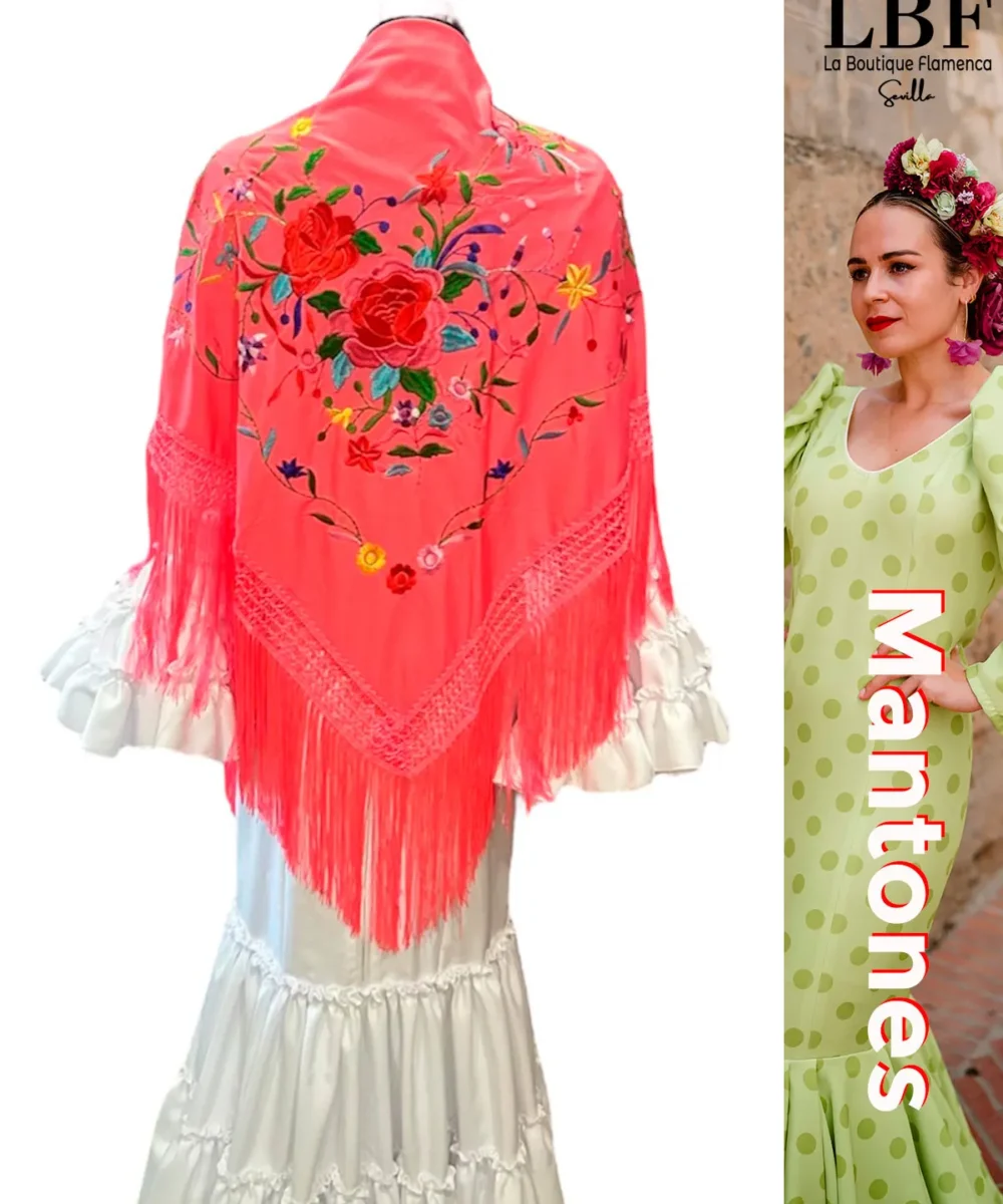 LBF mantón de flamenca coral flores dobles de colores