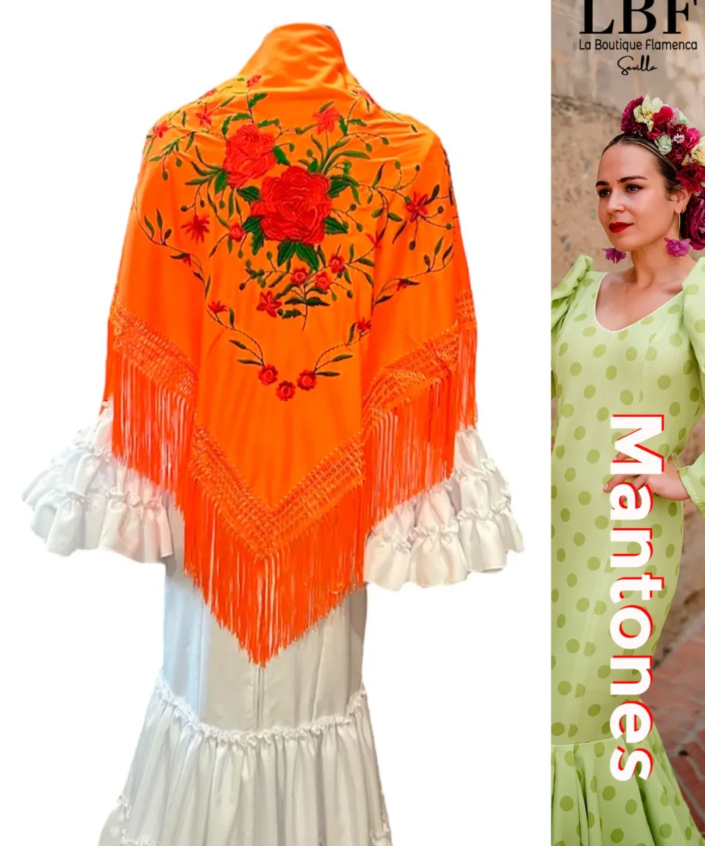 LBF mantón de flamenca naranja flores dobles rojas y verde