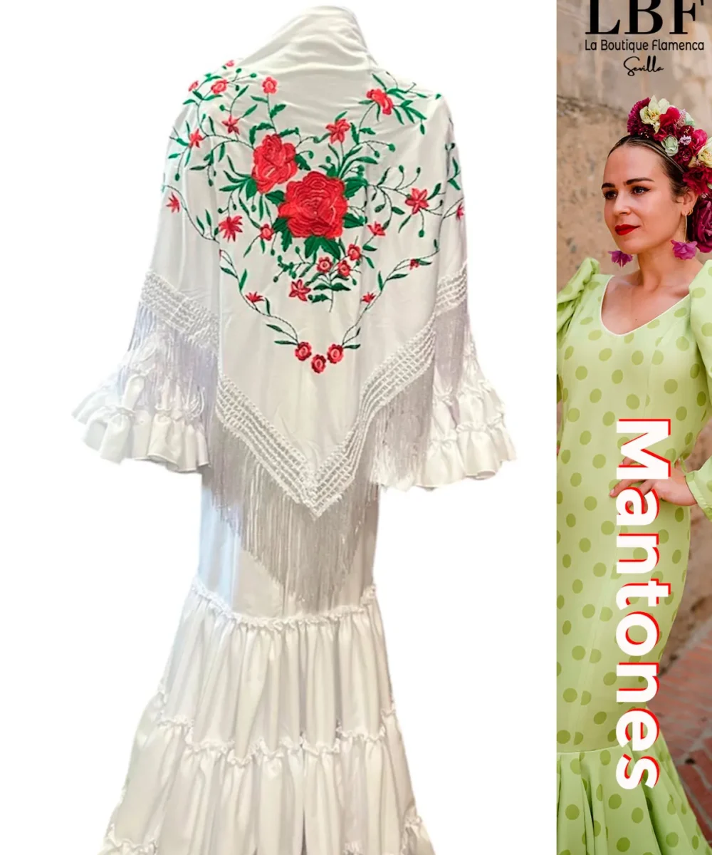 LBF mantón de flamenca blanco flores dobles rojas y verde