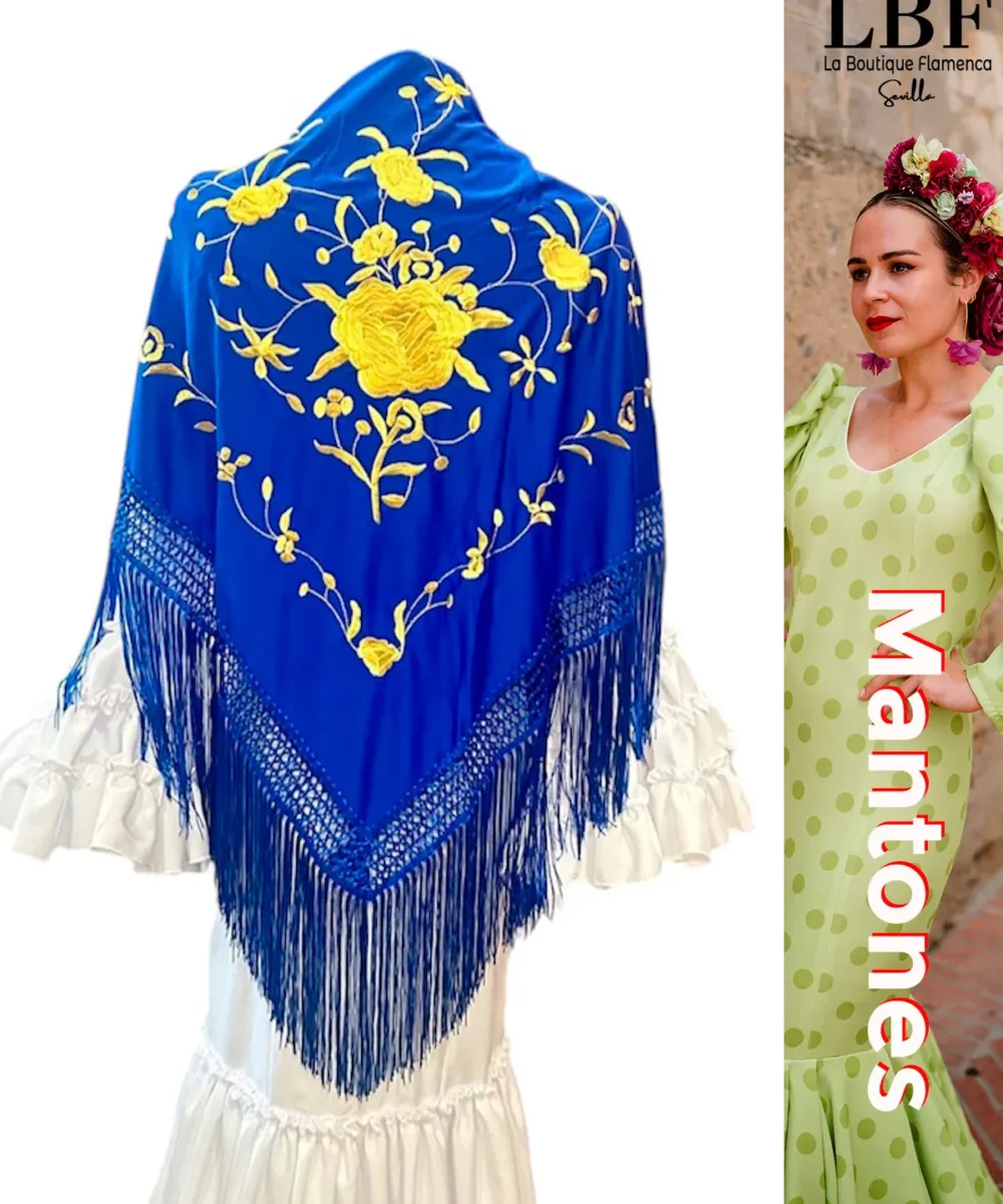 LBF mantón de flamenca azul añil flores dobles doradas