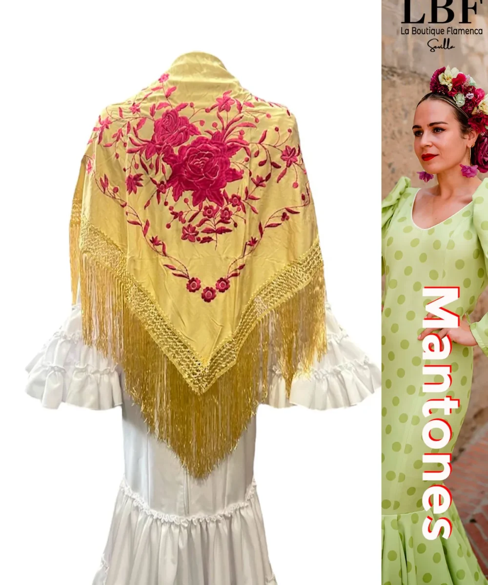 LBF mantón de flamenca crema flores dobles fucsias