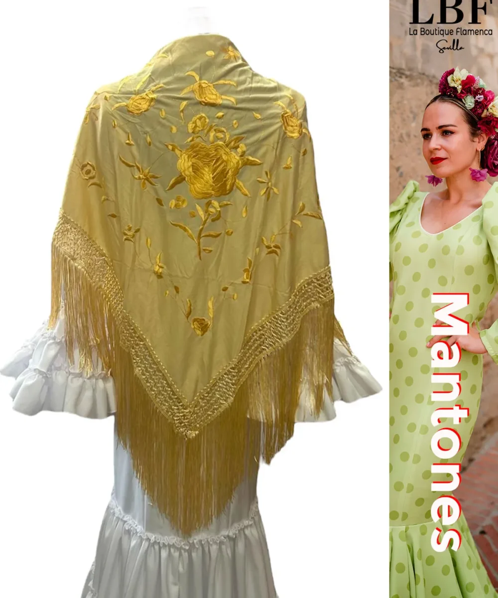LBF mantón de flamenca crema flores dobles doradas