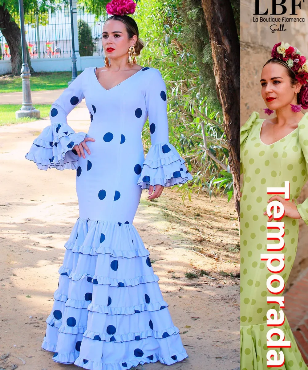 LBF Traje de flamenca strech Dalia celeste-azulina. Tallas 42 y 46