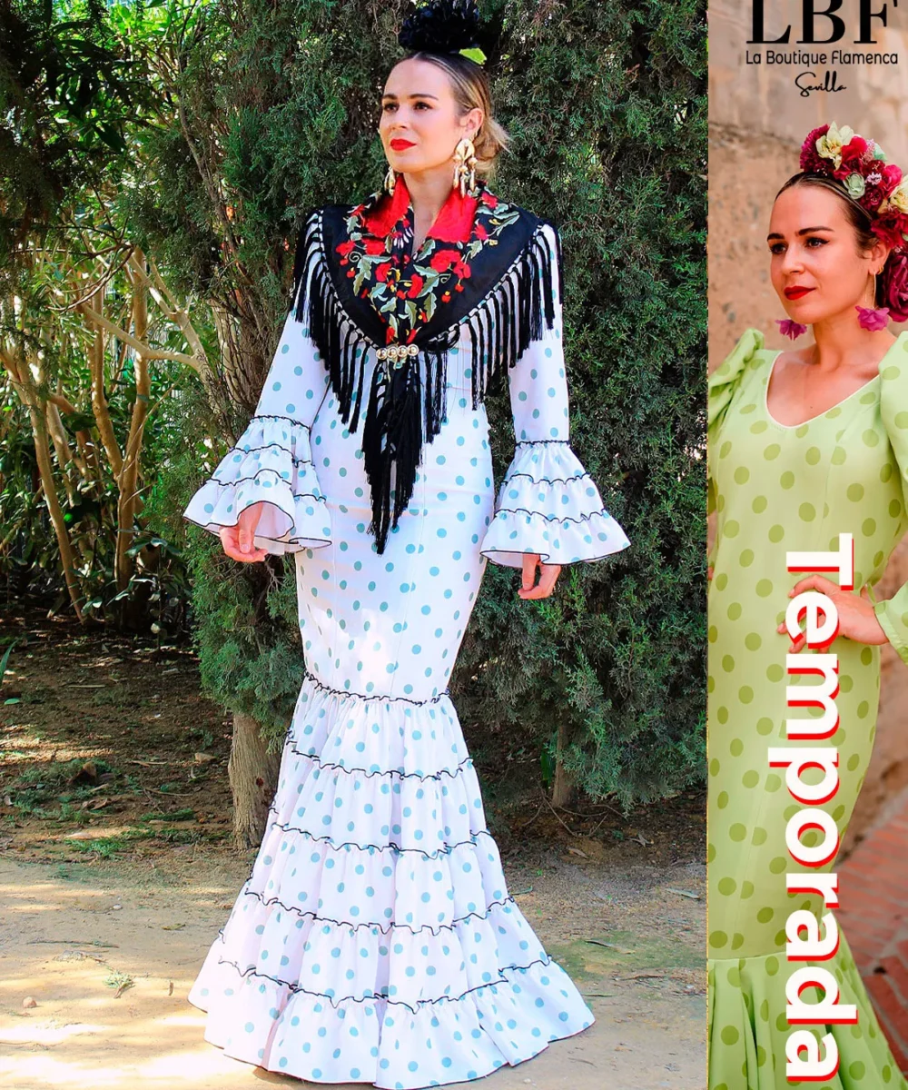 LBF Traje de flamenca strech Rosa lunar verde canastero. Tallas desde 34 a 46 - Imagen 2