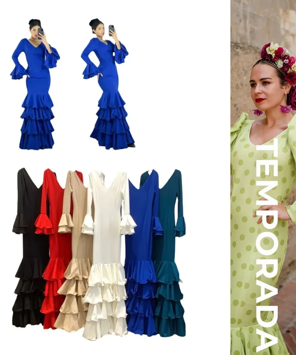 LBF Traje de flamenca lycra de cuatro volantes rectos. Tallas XS A XXL