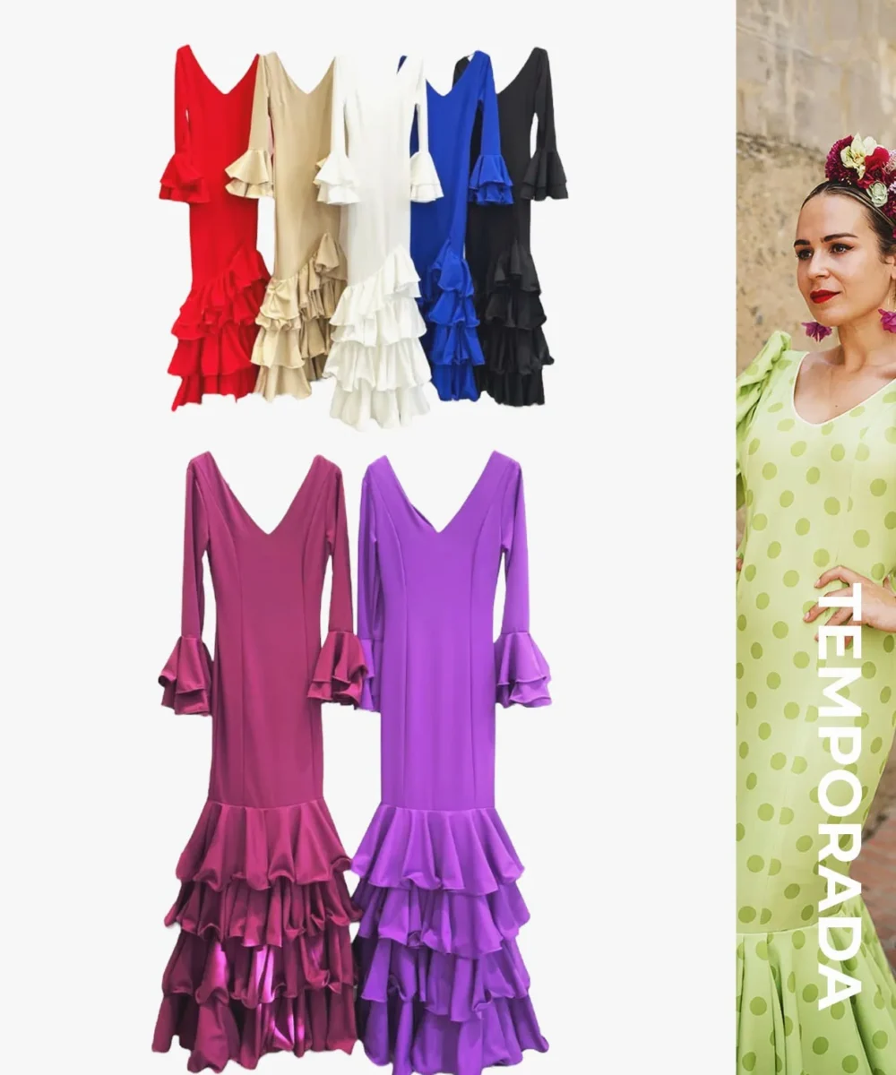 LBF Traje de flamenca lycra cinco volantes. Tallas XS A XXL y varios colores - Imagen 2