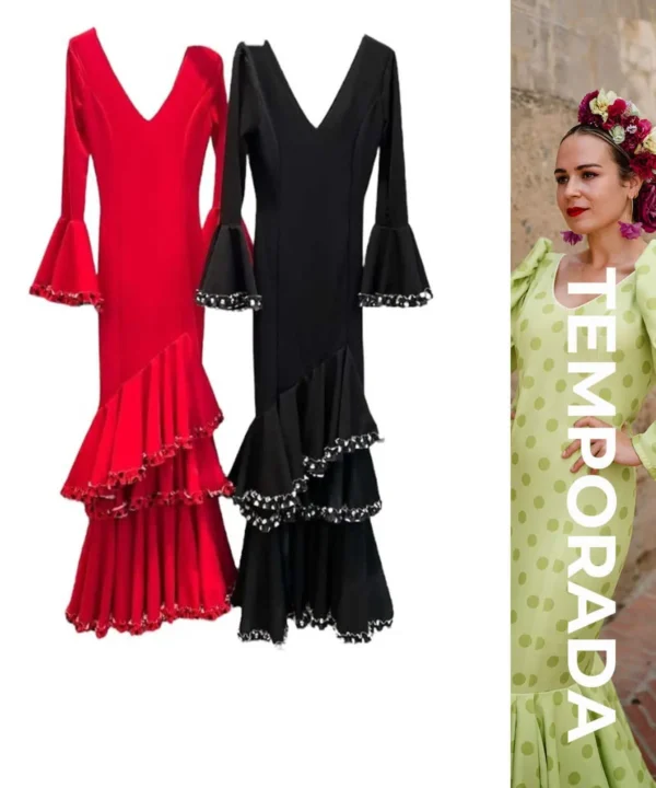 LBF Traje de flamenca lycra tres volantes con lunar . Tallas XS A XXL