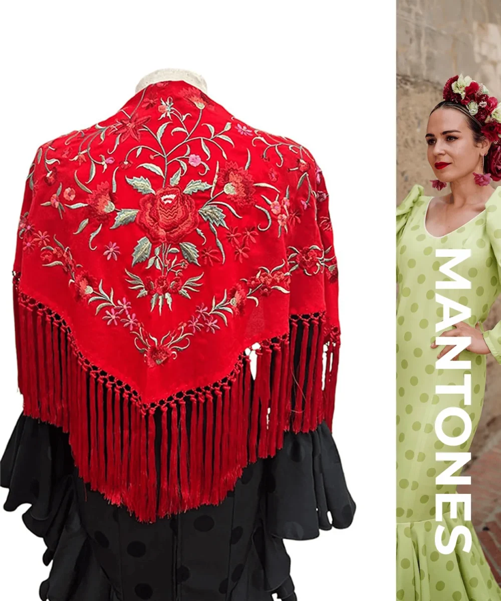 LBF mantón de flamenca rojo flores de colores
