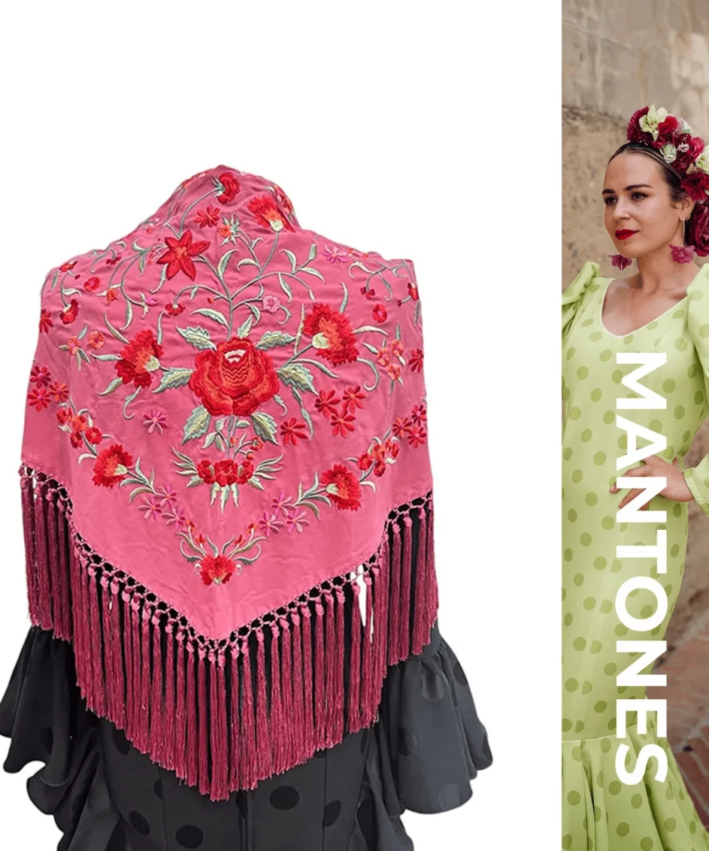 LBF mantón de flamenca rosa flores de colores