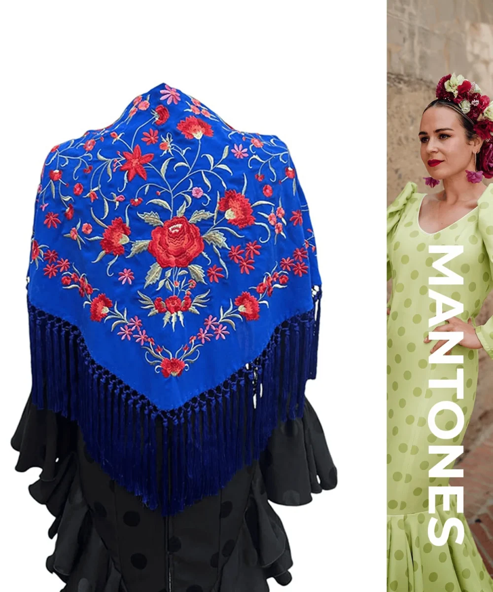 LBF mantón de flamenca azul añil flores de colores