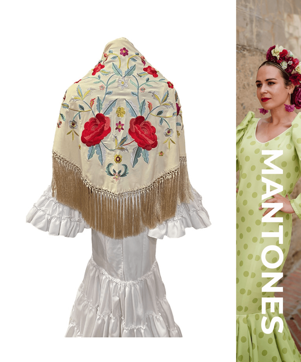 LBF mantón de flamenca blanco roto flores de colores