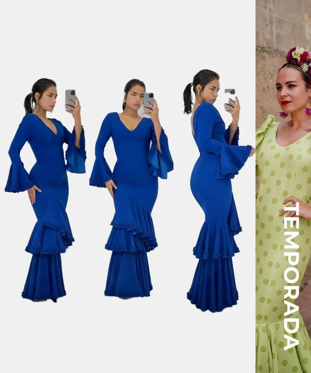 LBF Traje de flamenca lycra tres volantes con garruchas. Tallas XS A XXL - Imagen 2