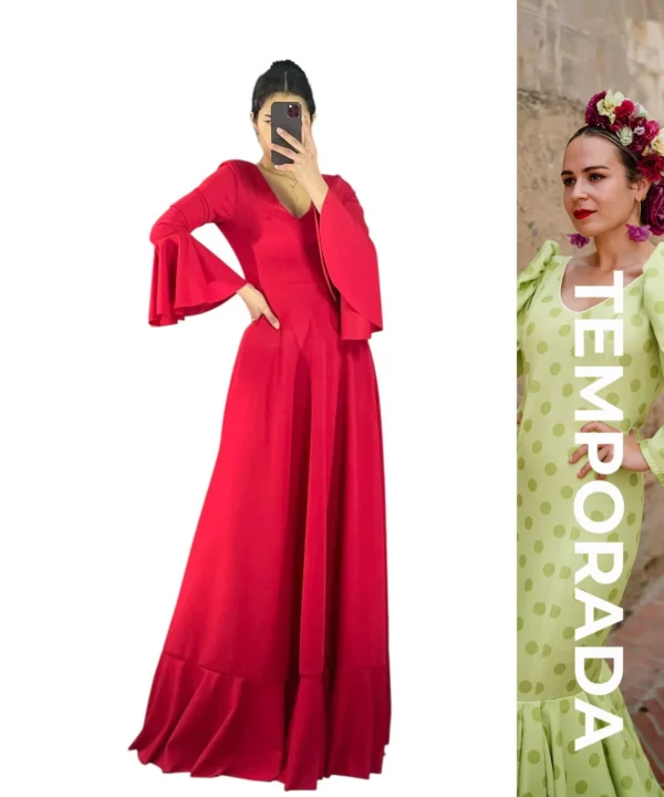 LBF Traje de flamenca bata lisa corte bajo pecho. Tallas xs a xxl