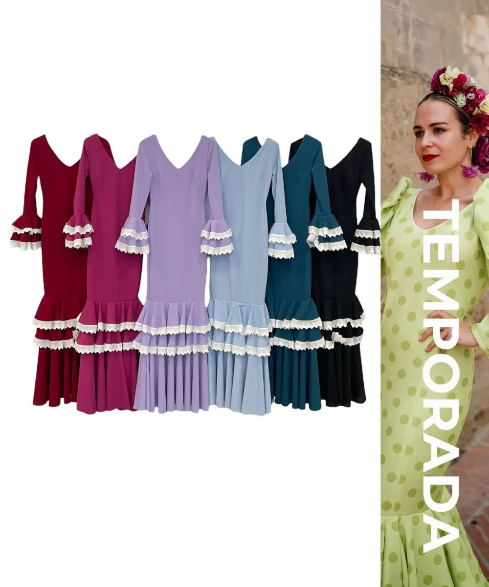 LBF Traje de flamenca tres volantes especiales con tira bordada. Talla xs a xxl