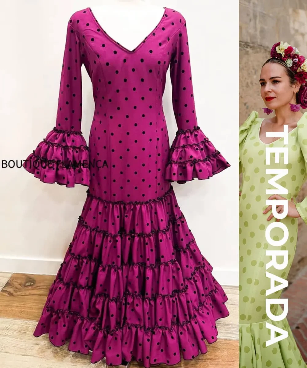 LBF Traje de flamenca Lupita buganvilla flocado negro lenteja. Talla 40