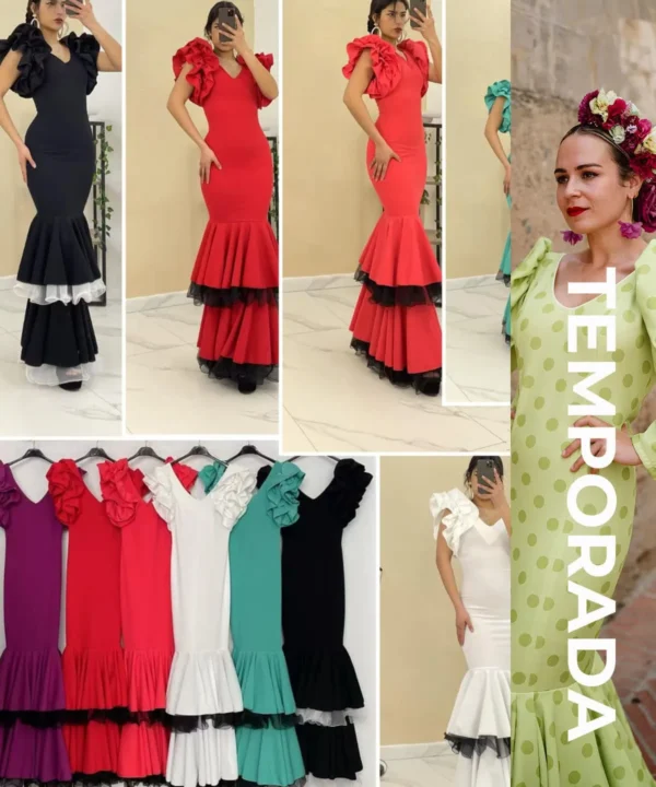 LBF Traje de flamenca  dos volantes con organdil y volante sisa. Talla XS a XXL