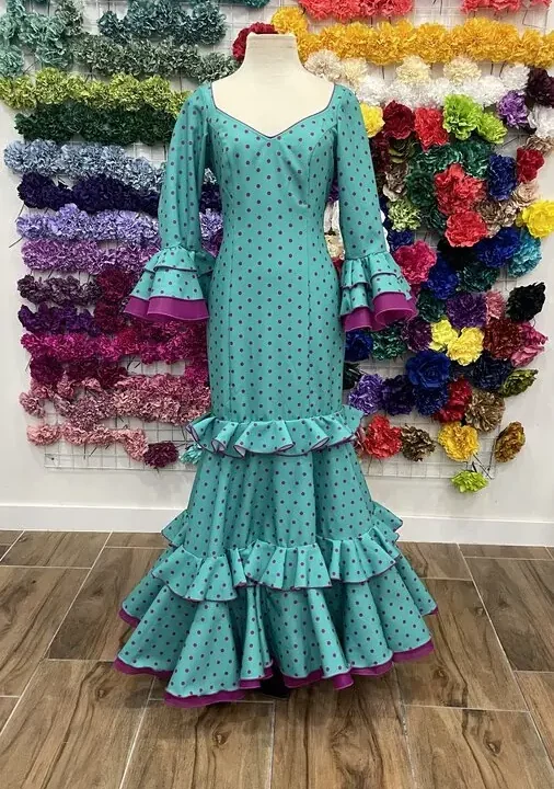 LBF Traje flamenca Jaén verde lunar buganvilla. Talla 36