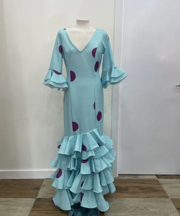 LBF Traje de flamenca Sevilla verde agua lunar buganvilla. Talla 40
