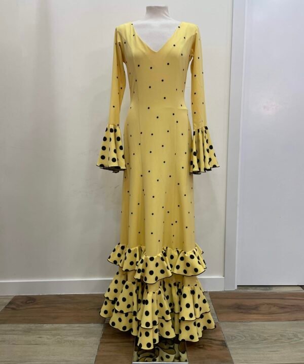 LBF Traje de flamenca bata neja volantes amarillo. Talla 40