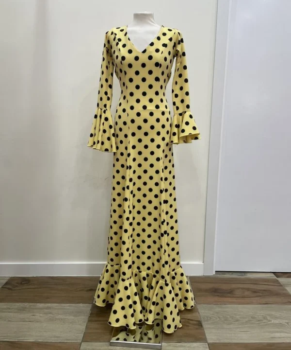 LBF Traje de flamenca 1 rejas amarilla lunar negro. Talla 38