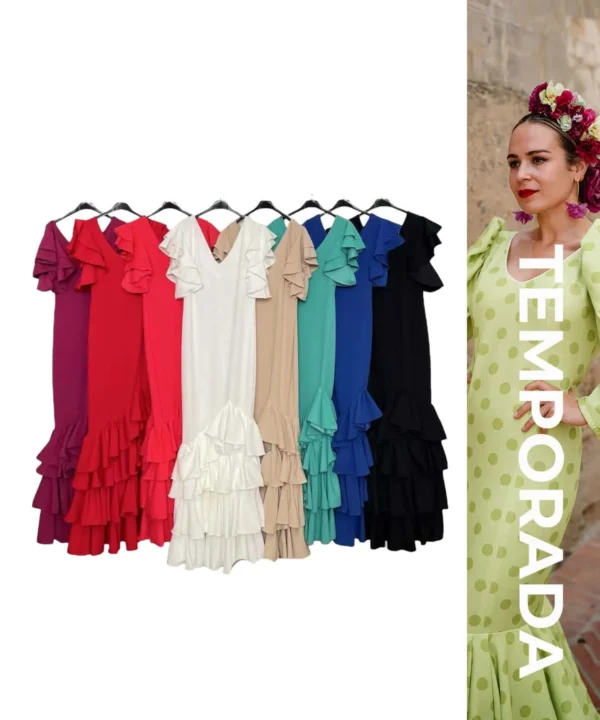 LBF Traje de flamenca cinco volantes garrucha lado y volante sisa. Talla  xs a xxl
