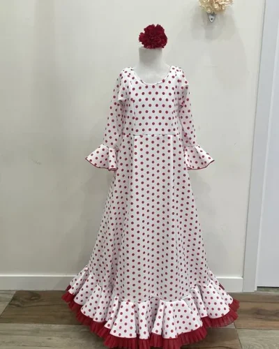 LBF Traje de flamenca niña Lidia blanco lunar rojo. Talla 8,10,12