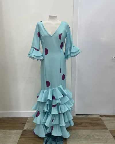 LBF Traje de flamenca Sevilla verde agua lunar buganvilla. Talla 46