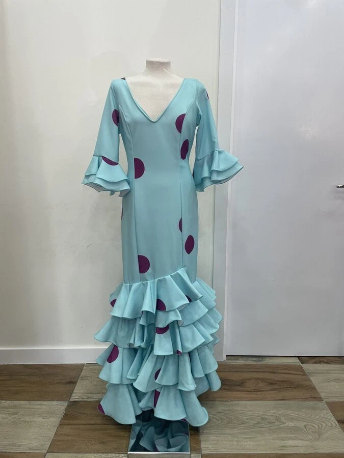 LBF Traje de flamenca Sevilla verde agua lunar buganvilla. Talla 46