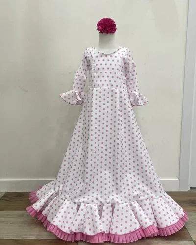 LBF Traje de flamenca niña Lidia blanco lunar rosa. Talla 10
