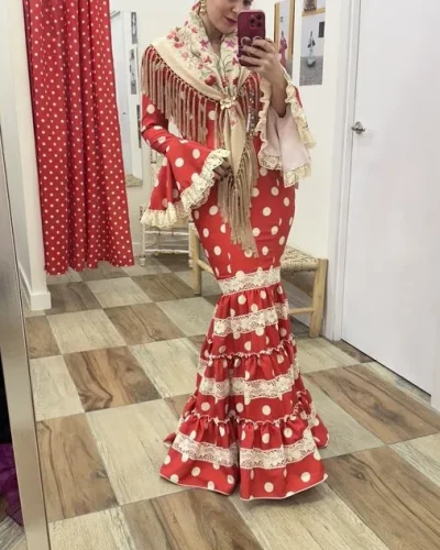 LBF Traje de flamenca Canastero encaje y lunar. Talla 40