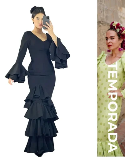 LBF Traje de flamenca lycra cinco volantes. Tallas XS A XXL y varios colores