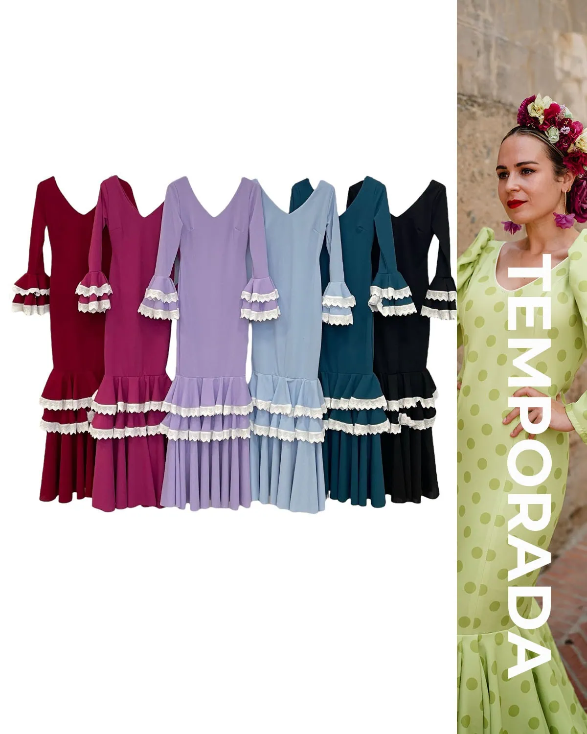 LBF Traje de flamenca tres volantes especiales con tira bordada. Talla xs a xxl