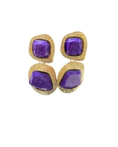 Pendientes piedra asimétrica morada con base dorada