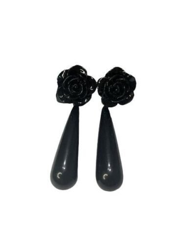 Pendientes lagrima negra con rosa niña
