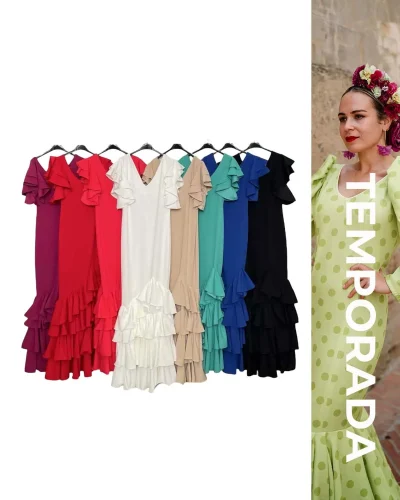 LBF Traje de flamenca cinco volantes garrucha lado y volante sisa. Talla xs a xxl