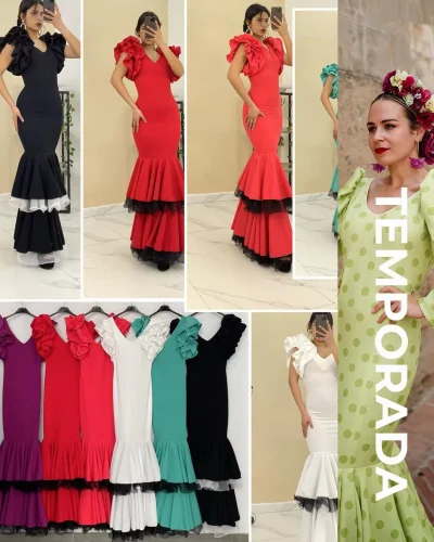 LBF Traje de flamenca dos volantes con organdil y volante sisa. Talla XS a XXL